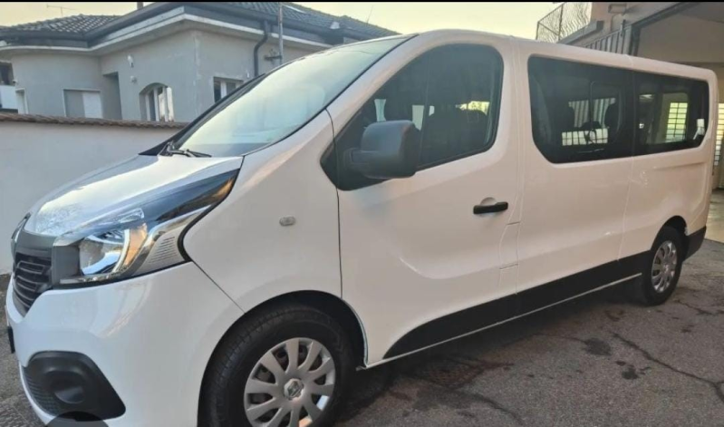 Furgone bianco per il trasporto passeggeri parcheggiato in una strada residenziale di fronte alle case.