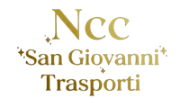 Logo dorato “Ncc San Giovanni Trasporti” su sfondo bianco con piccoli brillantini