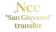 Logo dorato “Ncc San Giovanni Trasporti” su sfondo bianco con piccoli brillantini
