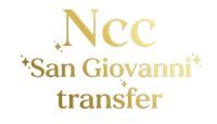 Logo dorato “Ncc San Giovanni Trasporti” su sfondo bianco con piccoli brillantini