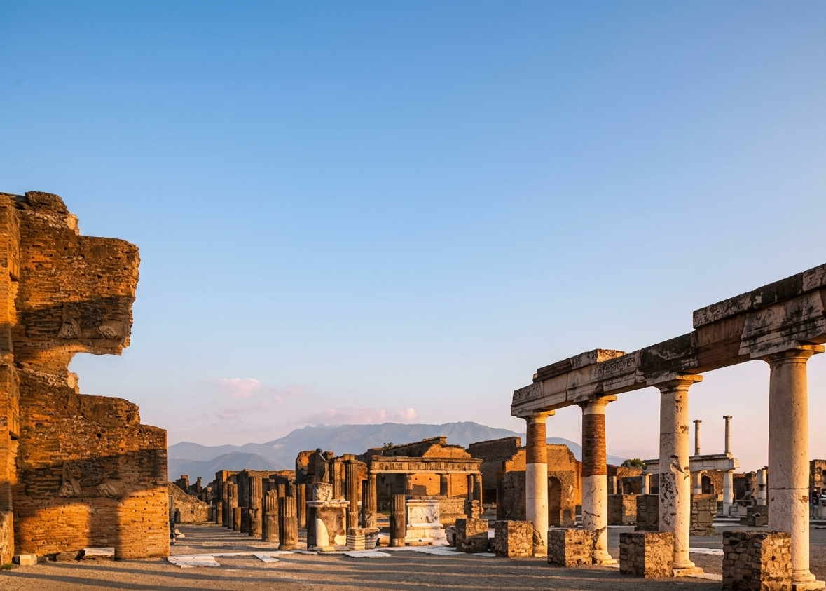 Antiche rovine in pietra sotto un cielo azzurro limpido al tramonto, con colonne e montagne in lontananza.