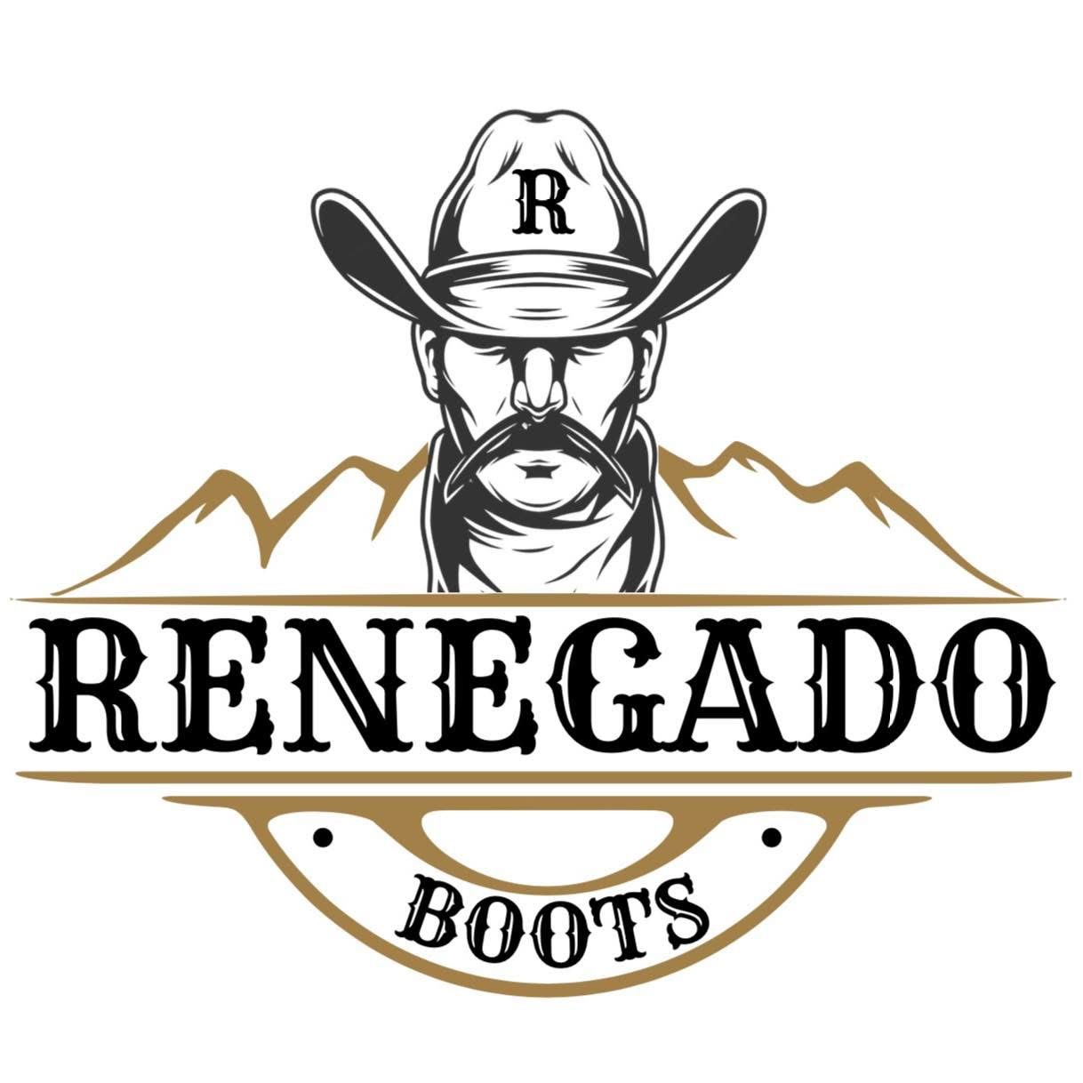 Logo for Renegado Boots featuring a cowboy with a hat, mountains, and the text