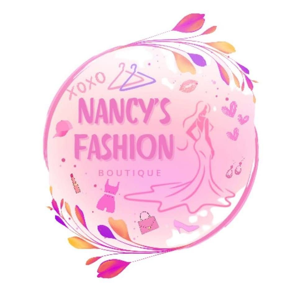 Nancy's Fashion Boutique logo: pink, stylized silhouette of a woman in a dress, surrounded by fashion-related icons.