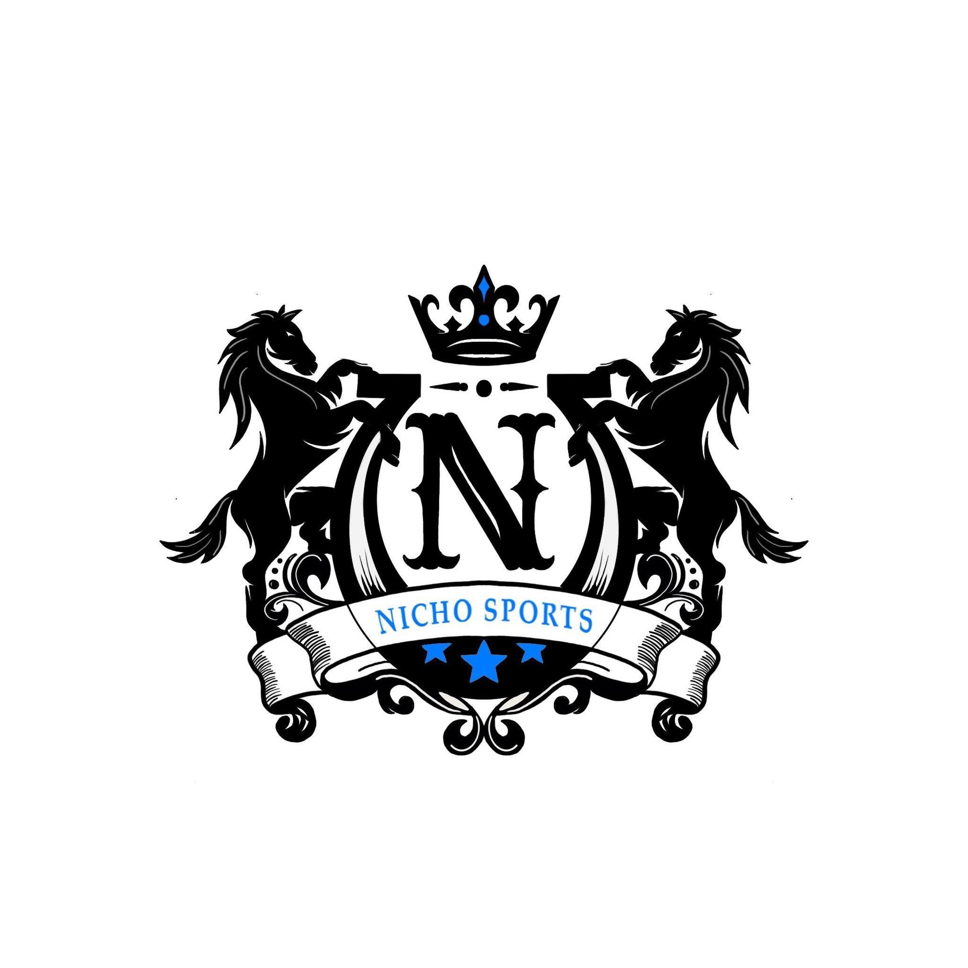 Logo for Nicho Sports, featuring two black rearing horses, a crown, and a banner with text.