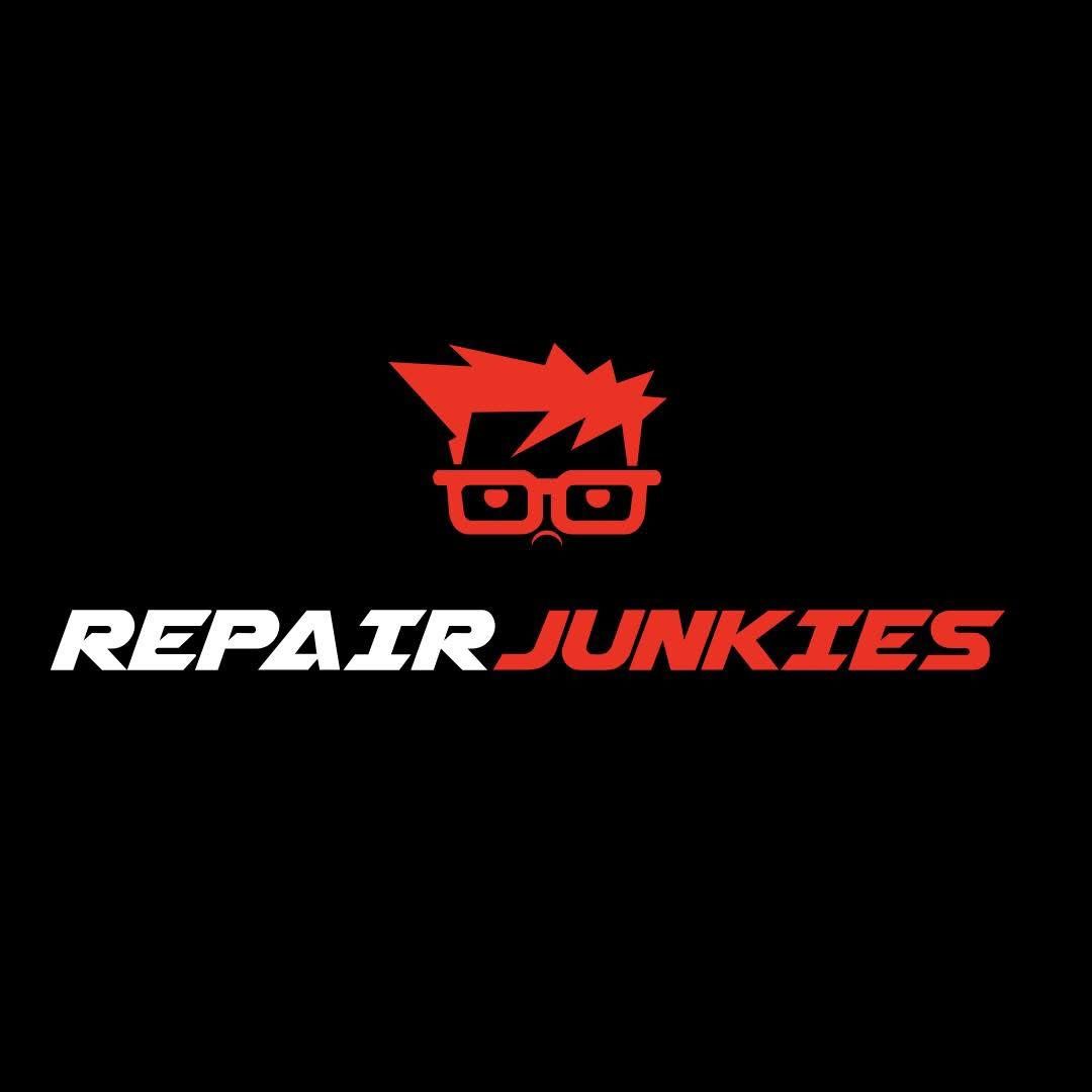 Logo for Repair Junkies: Red-haired cartoon character wearing glasses above the words