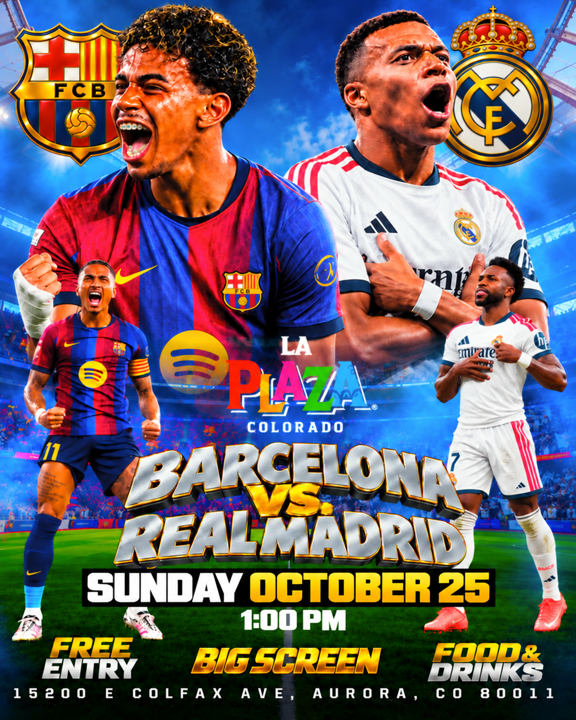 Barcelona vs Real Madrid promo poster with two players, club crests, and event details on a blue background