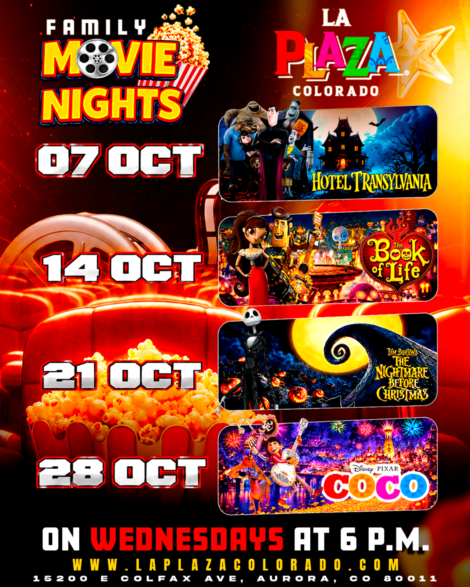 Family Movie Nights flyer with four Wednesday dates and movie posters, 6 p.m. at La Paz Colorado.