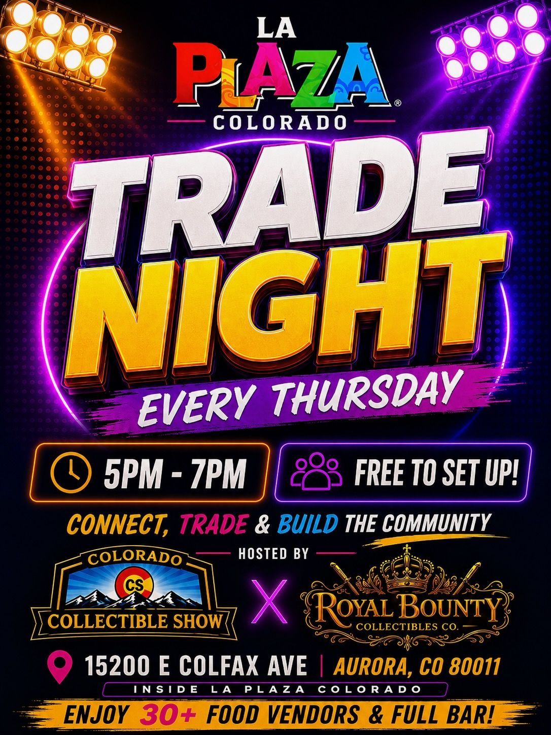 Trade Night poster with photos of people trading cards, bold orange and white text, every Thursday 5PM–7PM.