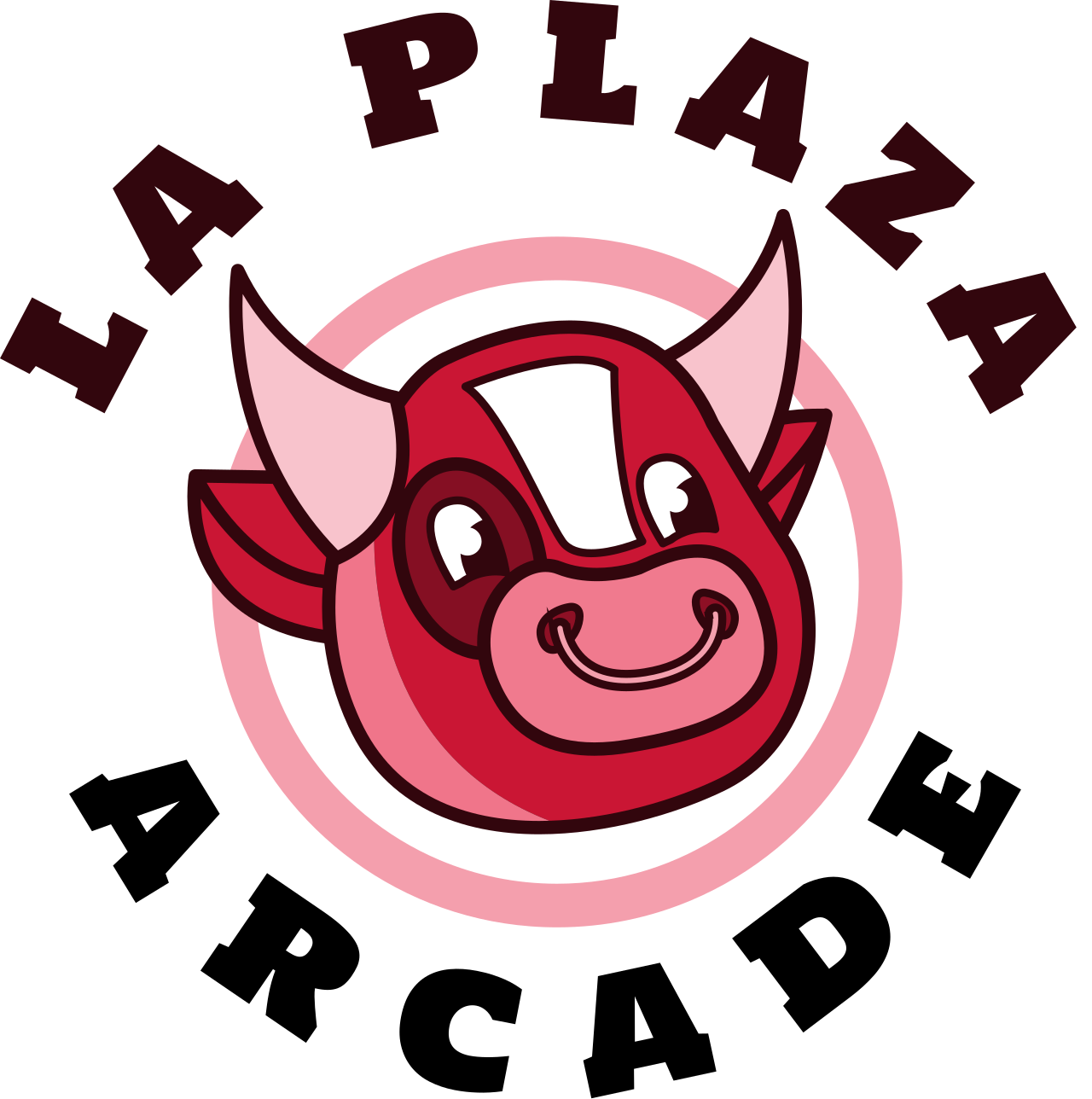La Plaza Arcade logo: cartoon bull with red, pink, and white coloring; the name is arched around it.
