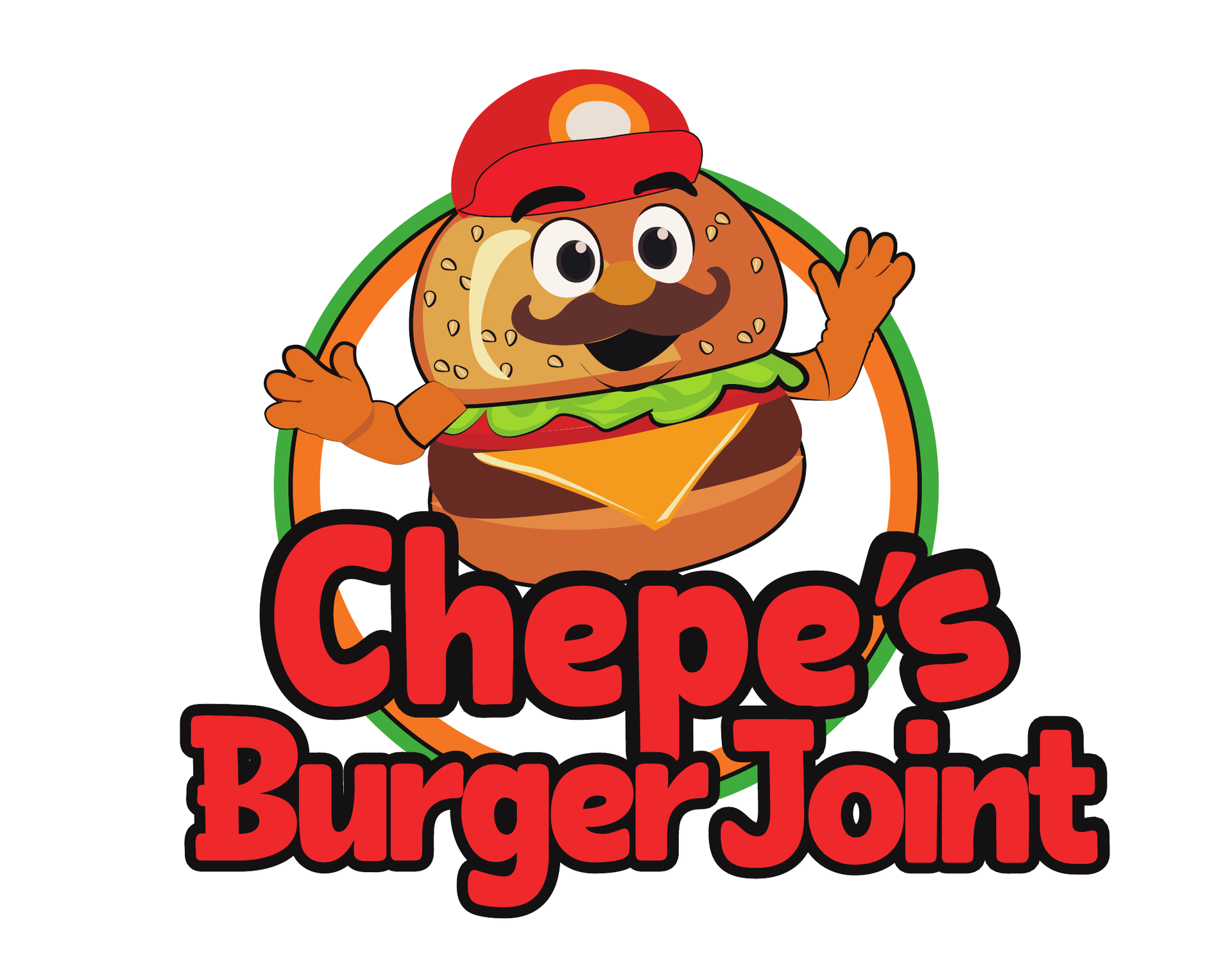 Chepe's Burger Joint logo: cartoon burger mascot with mustache, cap, inside a green circle, red text.