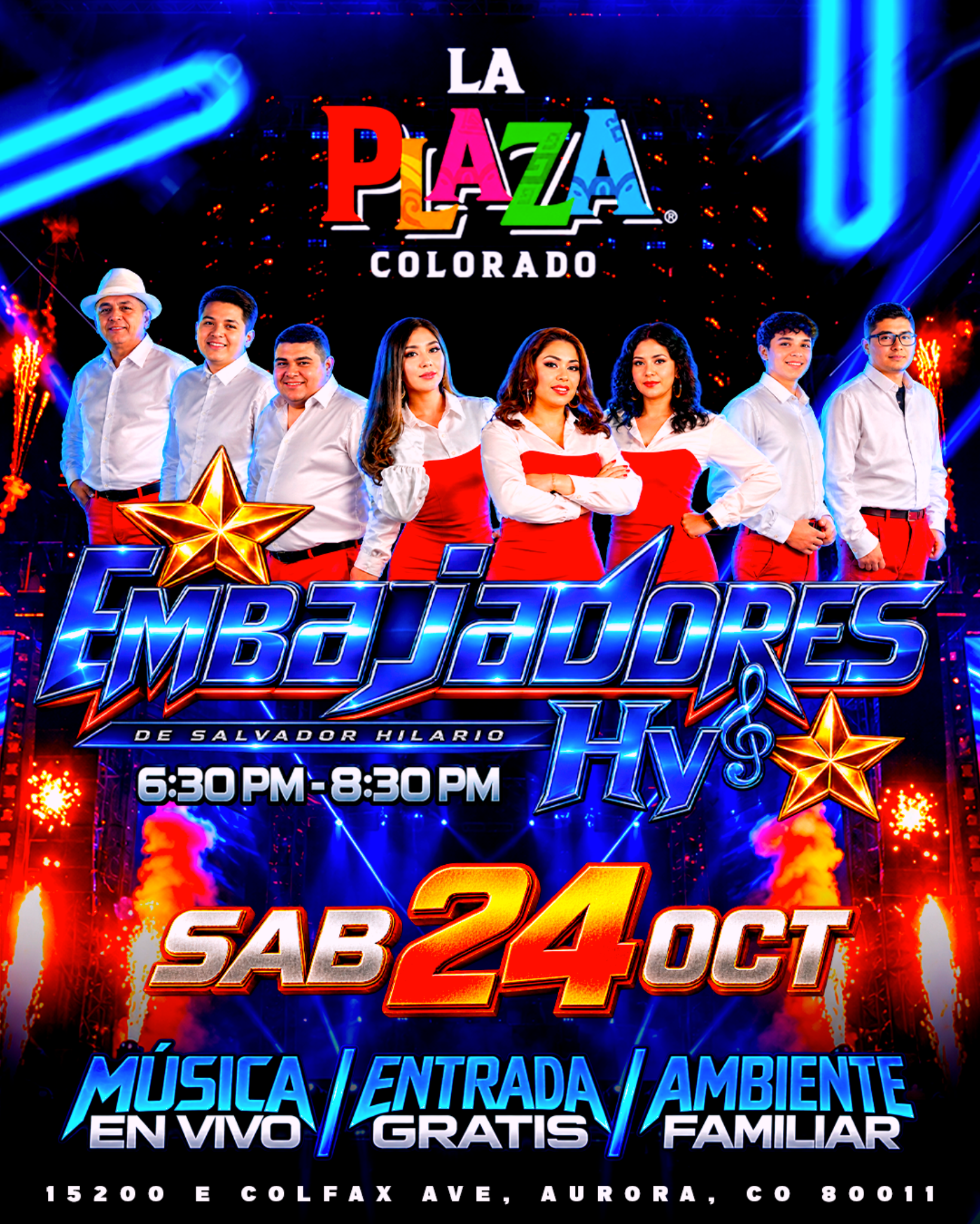 Concert poster at La Plaza Colorado with performers, stars, and bold text: sรกbado 24 oct, 6:30โ8:30 PM.
