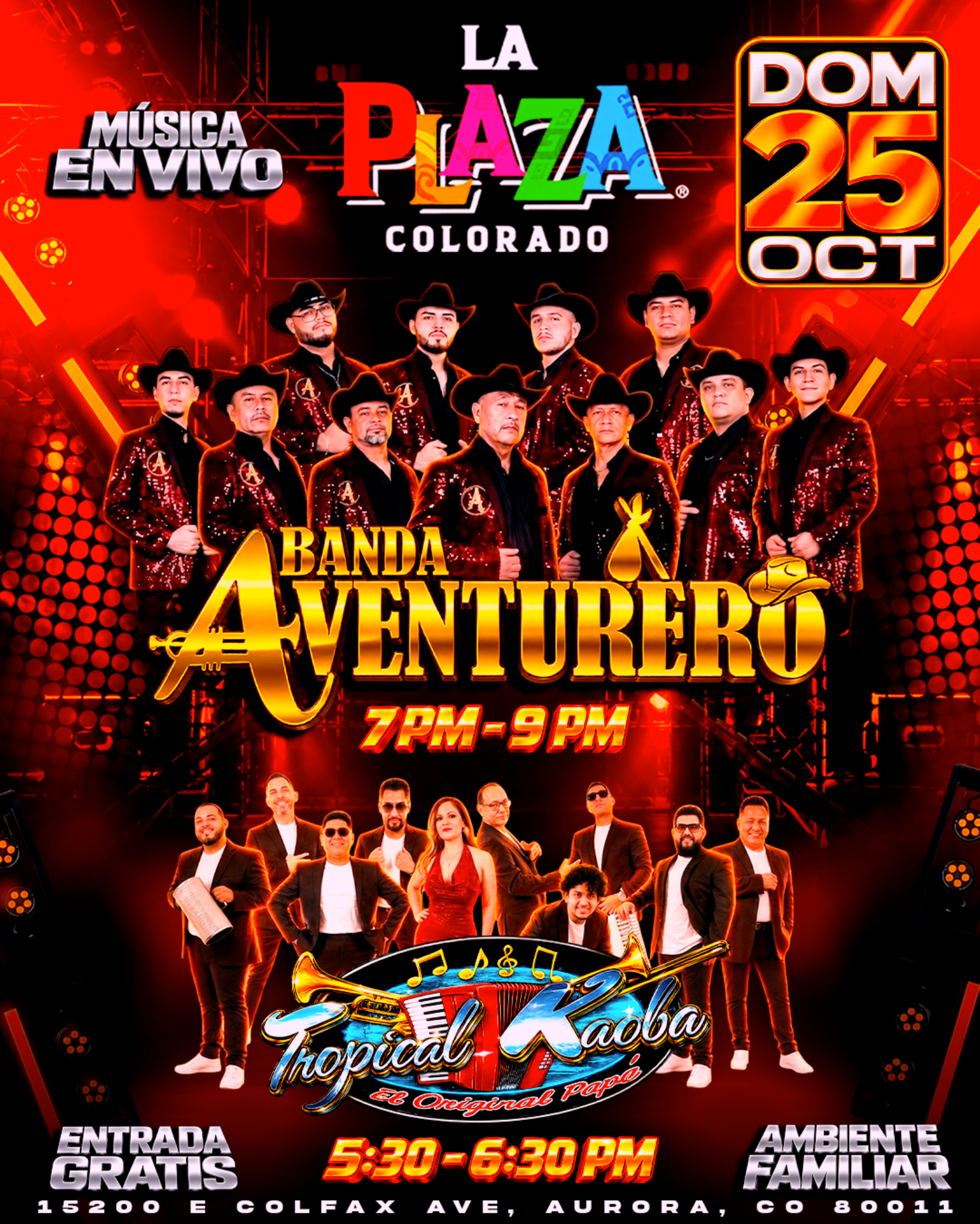 Fiestas Patrias event poster with fireworks, mariachi and dancers at Plaza Colorado, Sept. 13โ14.