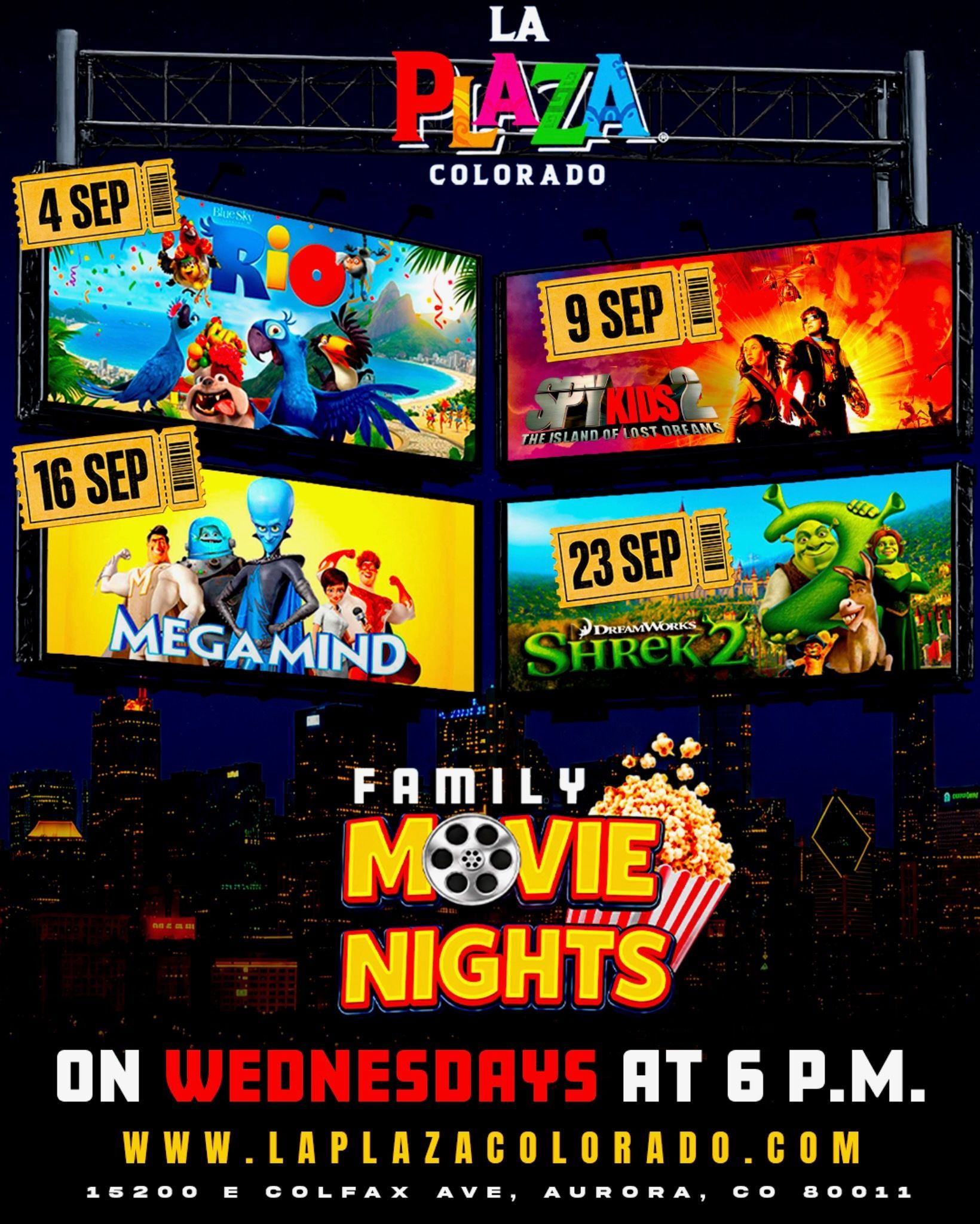 Fiestas Patrias event poster with fireworks, mariachi and dancers at Plaza Colorado, Sept. 13–14.