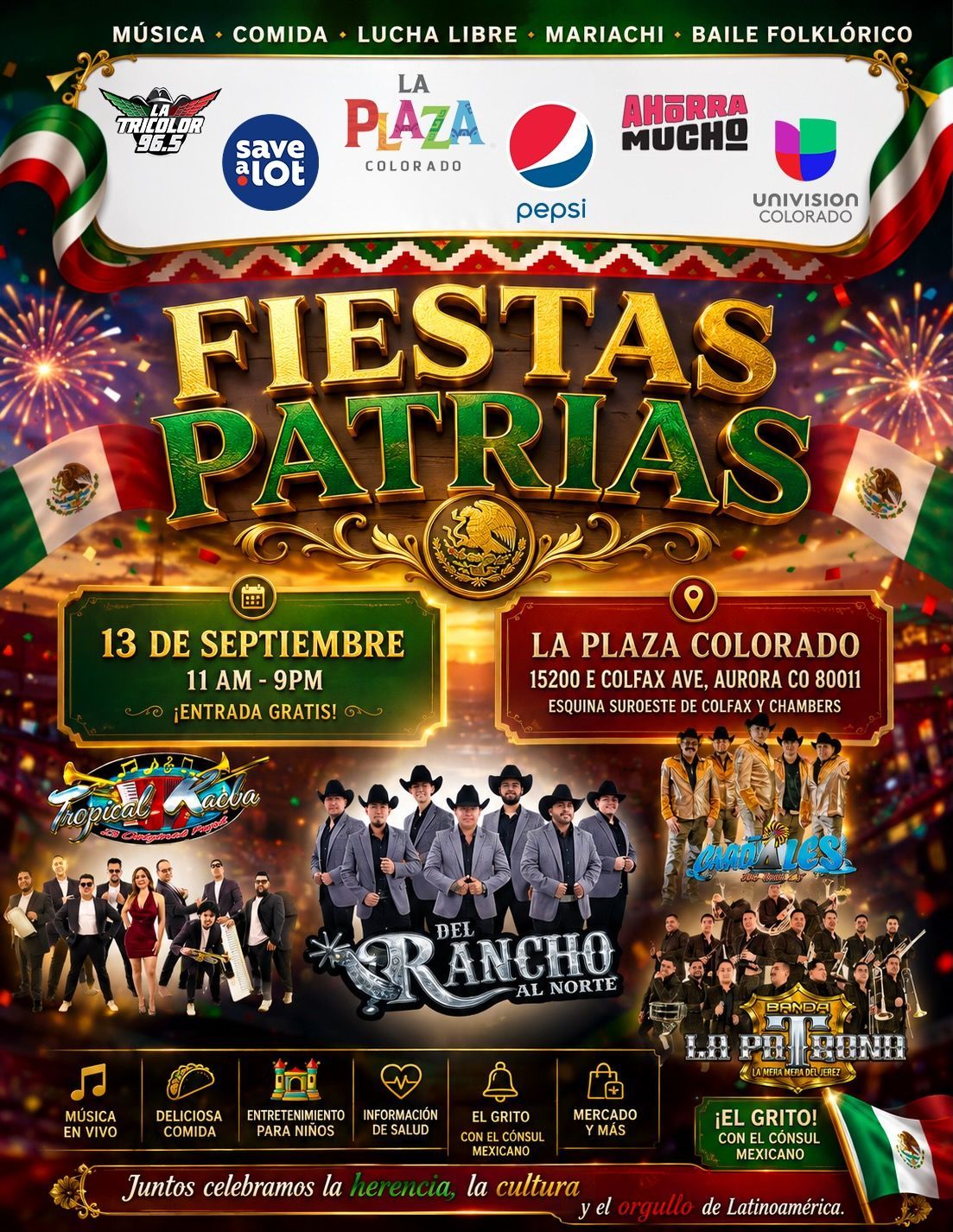 Fiestas Patrias event poster with fireworks, mariachi and dancers at Plaza Colorado, Sept. 13–14.