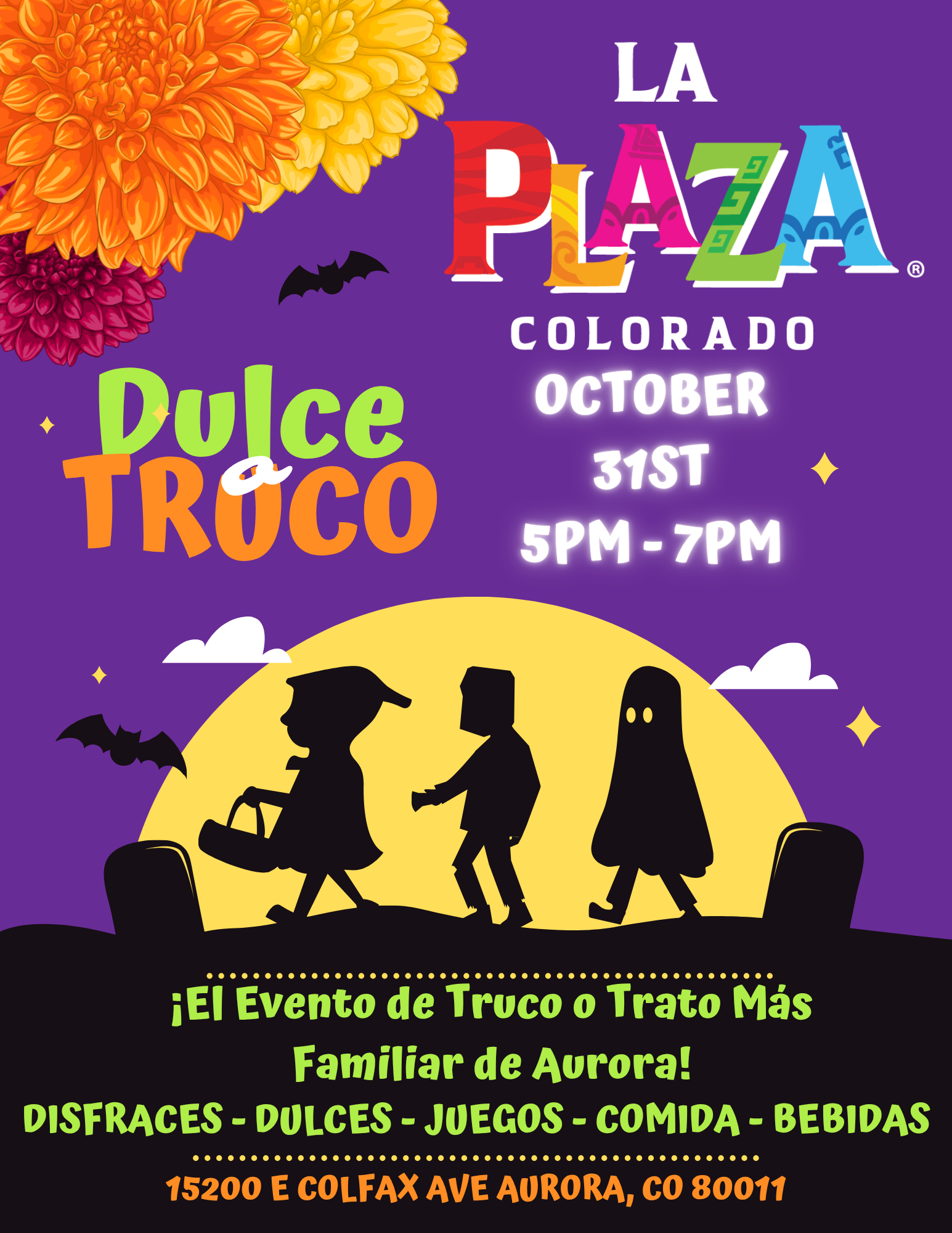 Halloween event flyer for La Plaza Colorado: Dulce Truco, October 31st, 5โ7 PM, with trick-or-treat silhouettes.