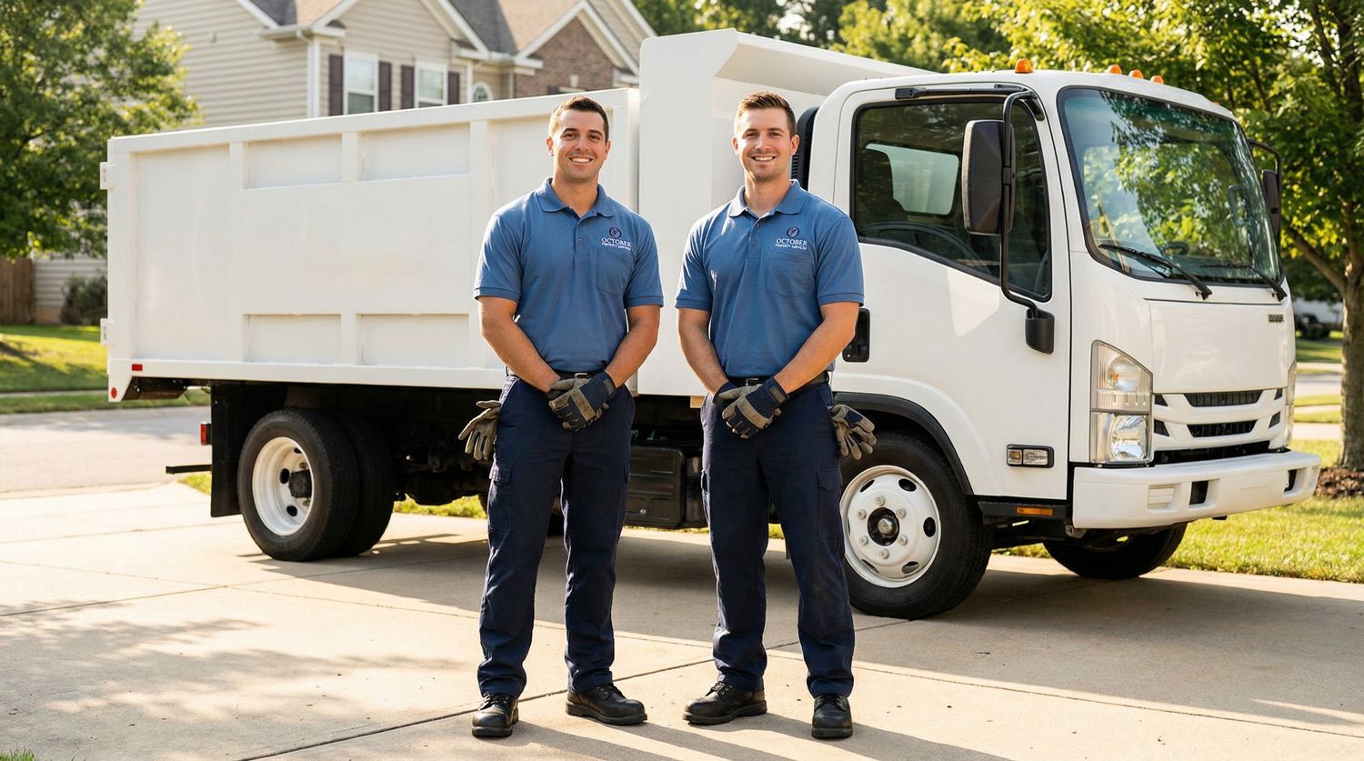Four movers in gray uniforms load furniture and appliances into a white truck labeled October Moving Services.