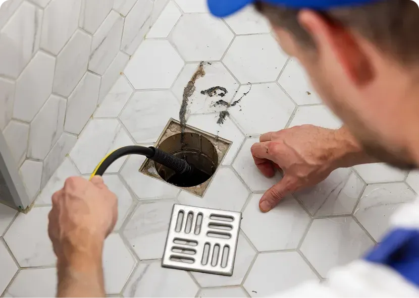 Plumber using a snake tool to clear a clogged floor drain in a tiled bathroom