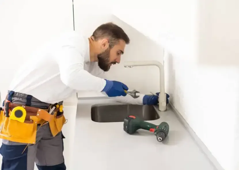 Plumber fixing a sink pipe under a bathroom counter with tools nearby