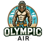 Muscular sasquatch logo with beach backdrop and text “OLYMPIC AIR”