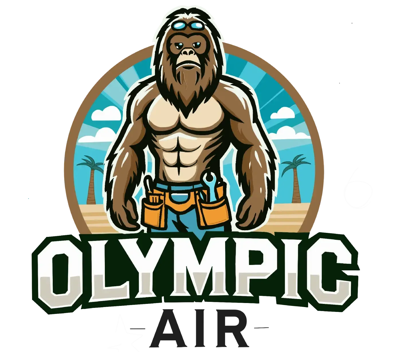 Muscular sasquatch logo with beach backdrop and text “OLYMPIC AIR”
