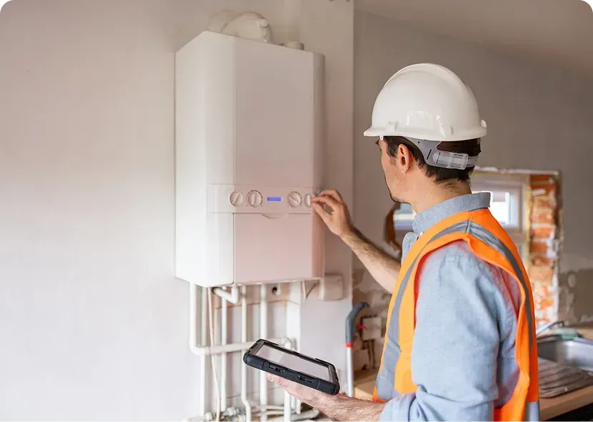 Technician in hard hat adjusting a wall-mounted boiler during installation