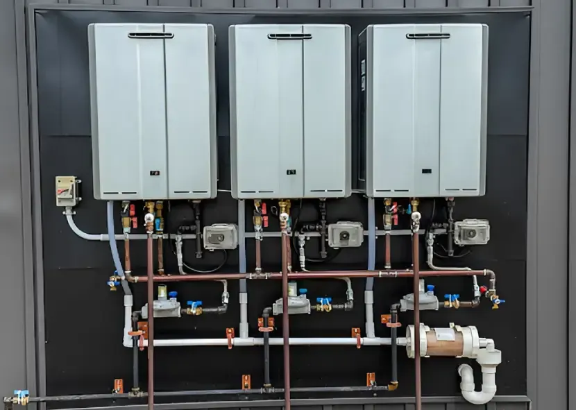 Three wall-mounted white boilers connected to copper pipes in a utility room