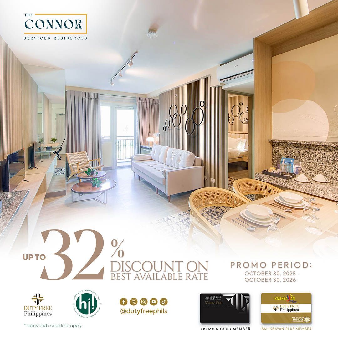 A promotional graphic for The Connor hotel showing a modern living area with a 32% discount offer.
