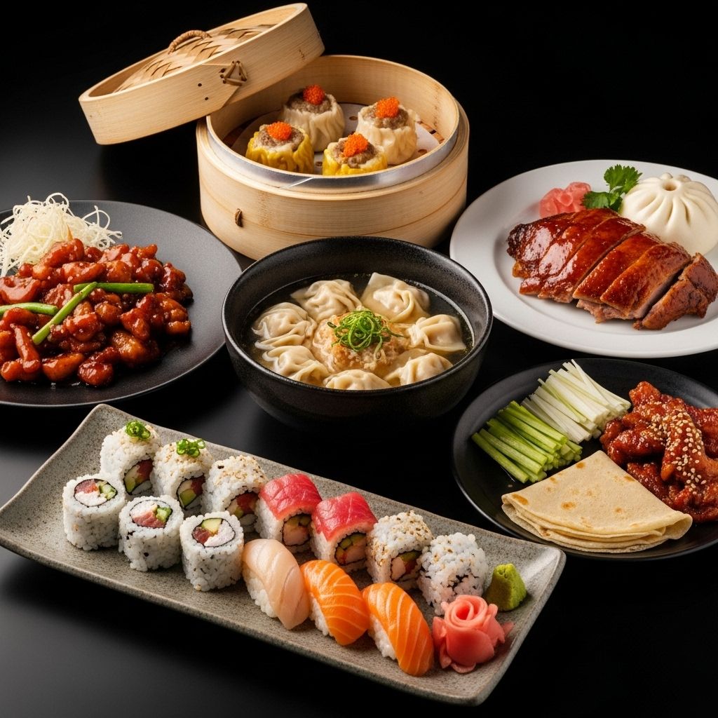 There are many different types of asian foods on the table.