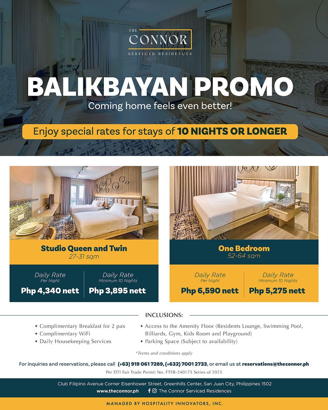 Balikbayan promo hotel ad with orange banner, showcasing studio queen/twin and one-bedroom rates.