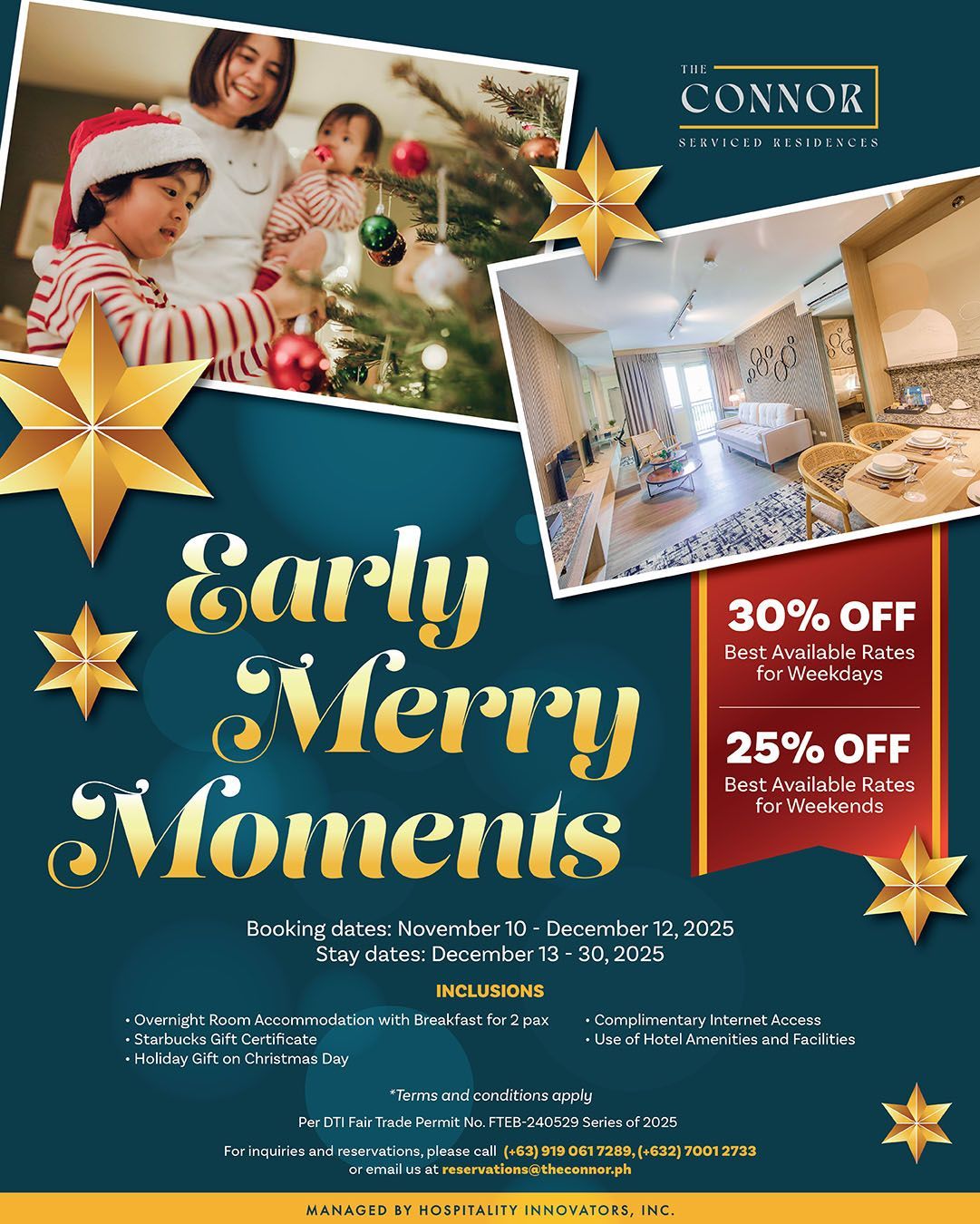 Promotional flyer for Connor Hotels. Family decorates tree and a hotel room is shown. Offers discounts.