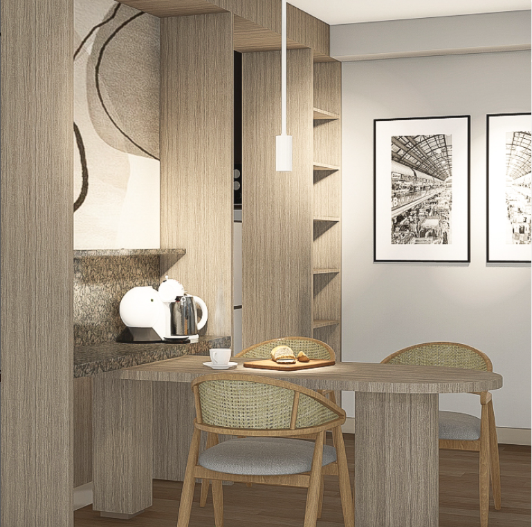 A dining room with a table and chairs and two pictures on the wall.
