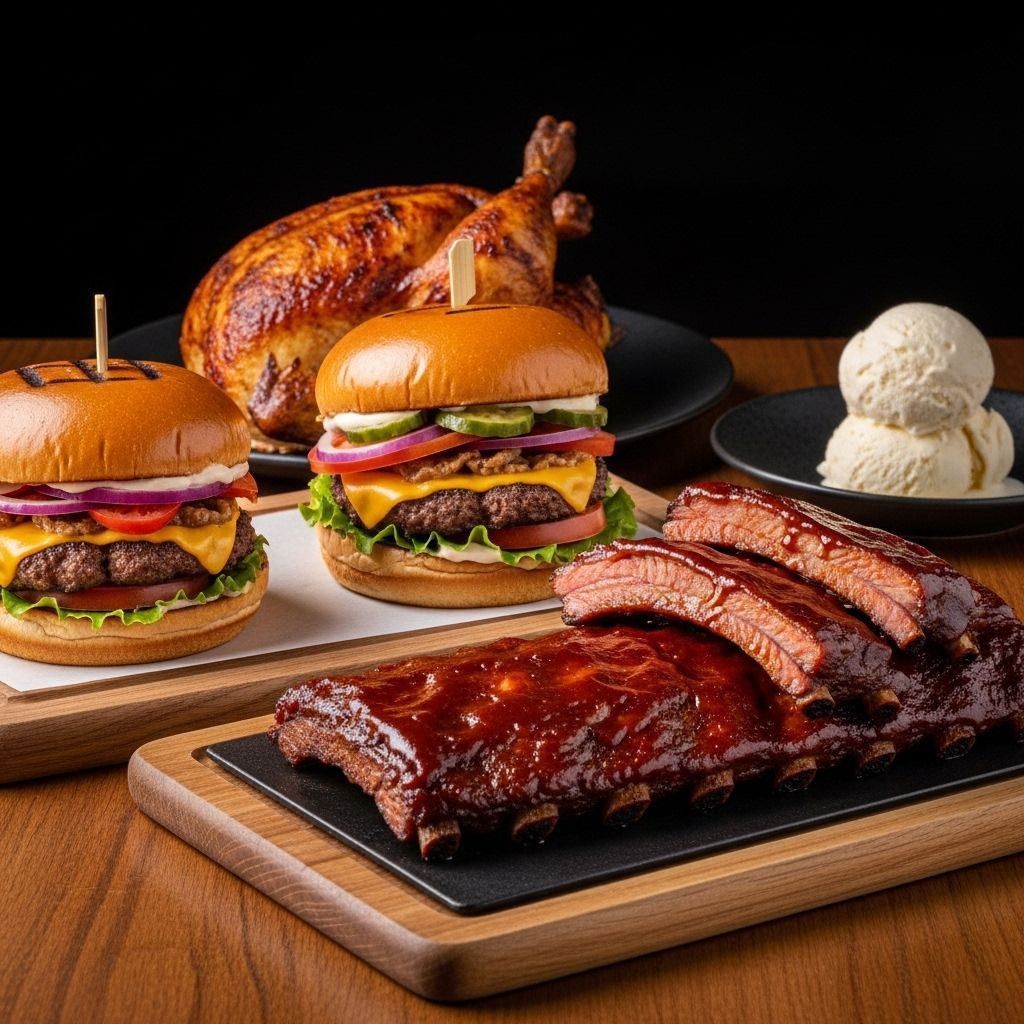 A table topped with hamburgers , ribs , chicken and ice cream.