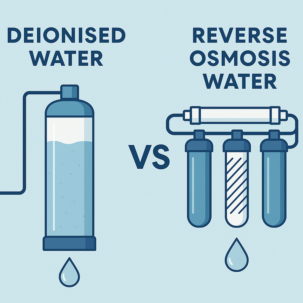 Illustration comparing deionised water and reverse osmosis water systems