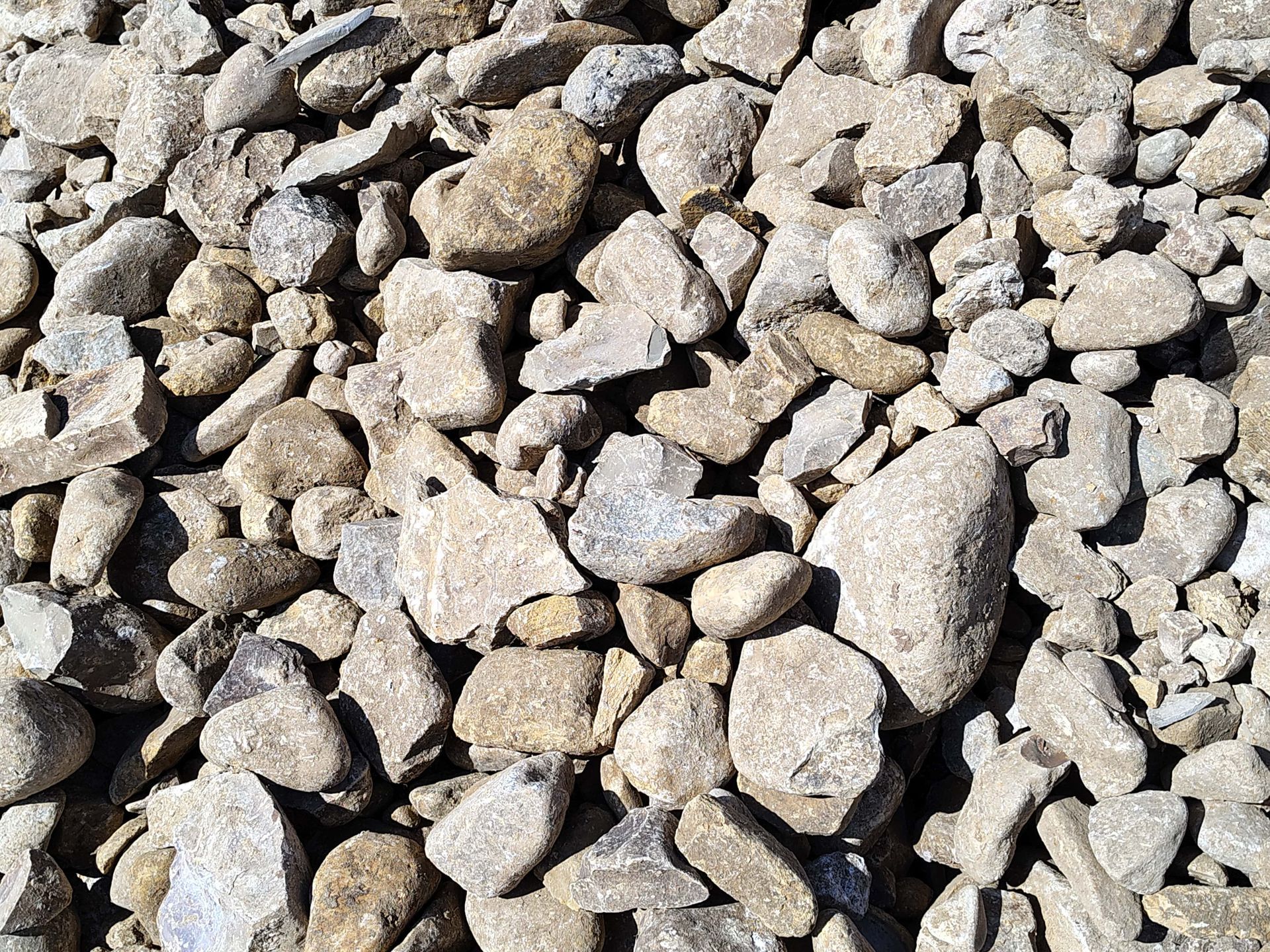 Close-up of gravel, varying shades of gray and tan.