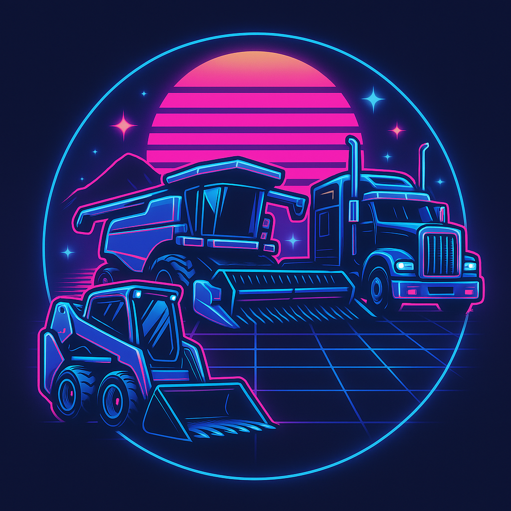A neon illustration of a truck , combine harvester , and bulldozer.