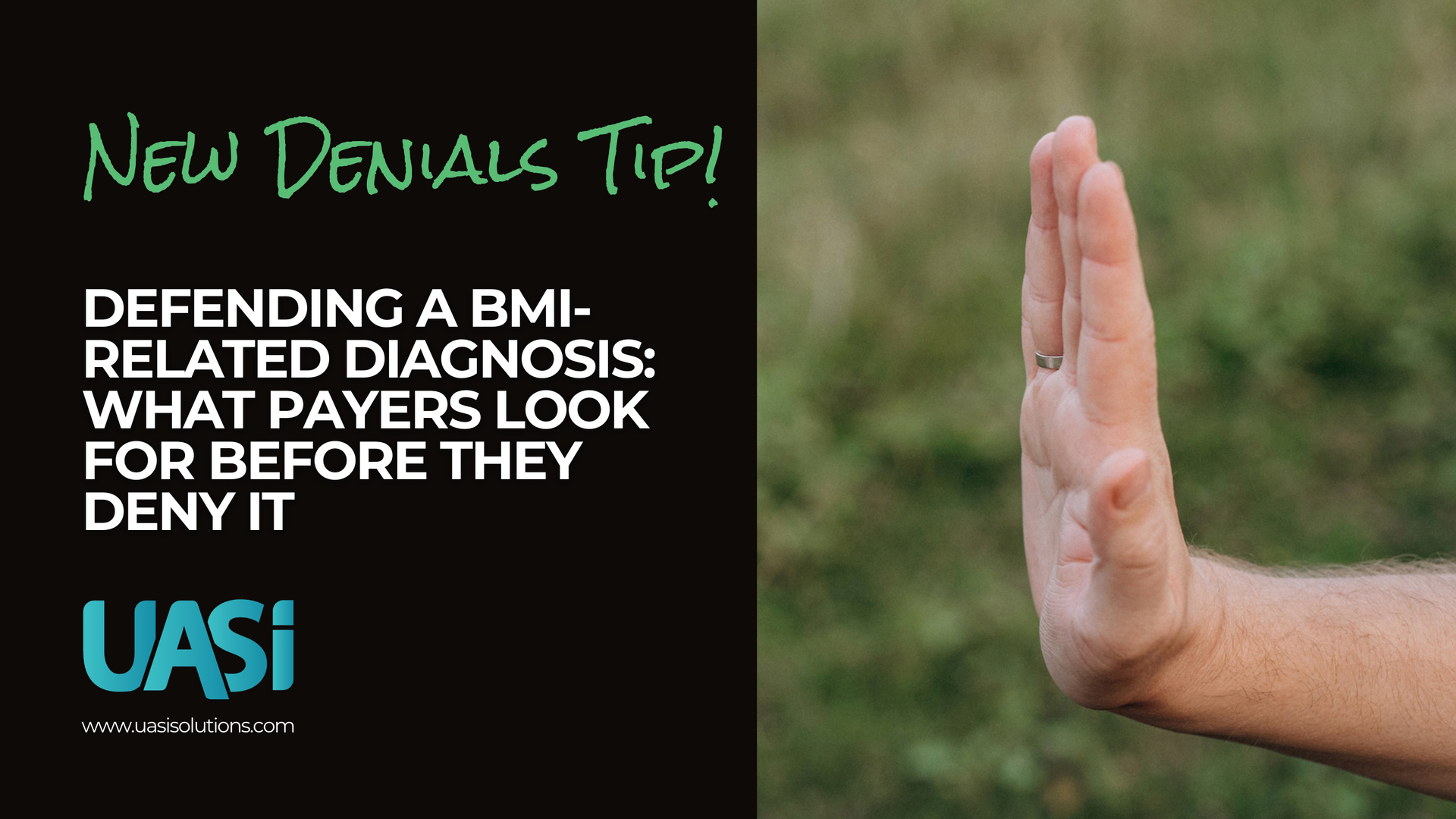 Black banner with text about BMI-related diagnosis and a raised hand signaling stop.