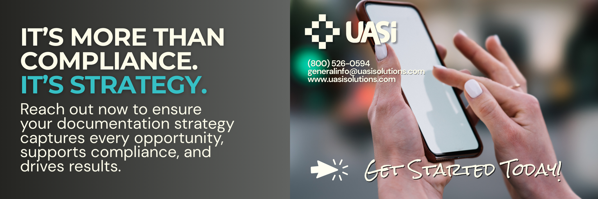 Person using smartphone alongside message promoting documentation strategy and compliance support.
