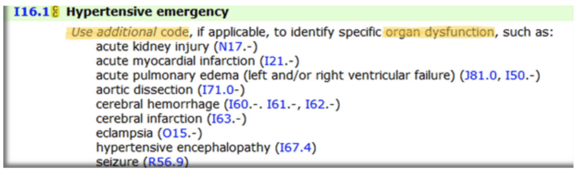 ICD-10-CM Tabular List entry for I16.1 hypertensive emergency showing the “Use additional code” instruction