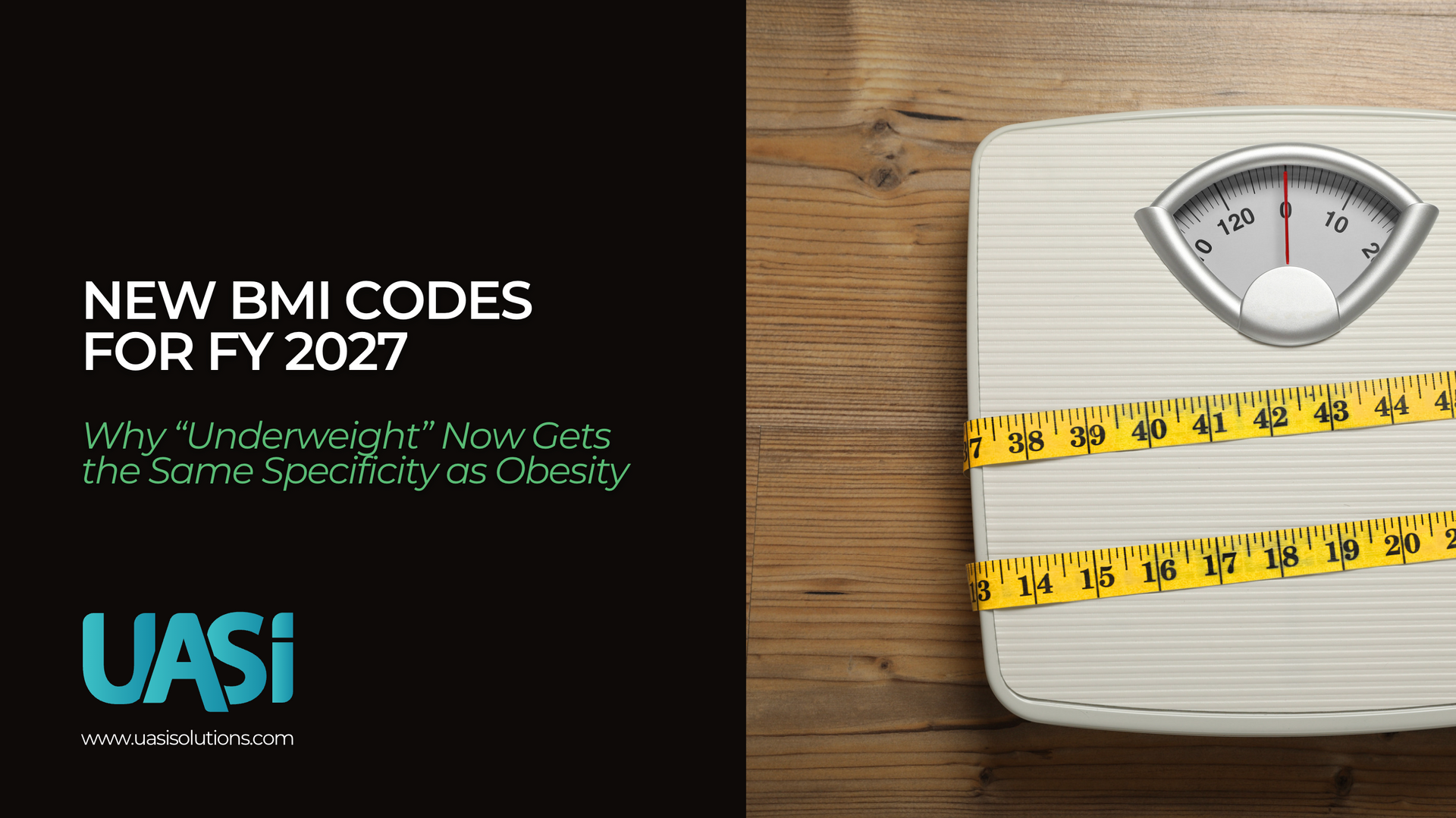 Graphic about new BMI codes for 2027 beside a bathroom scale with a yellow measuring tape.