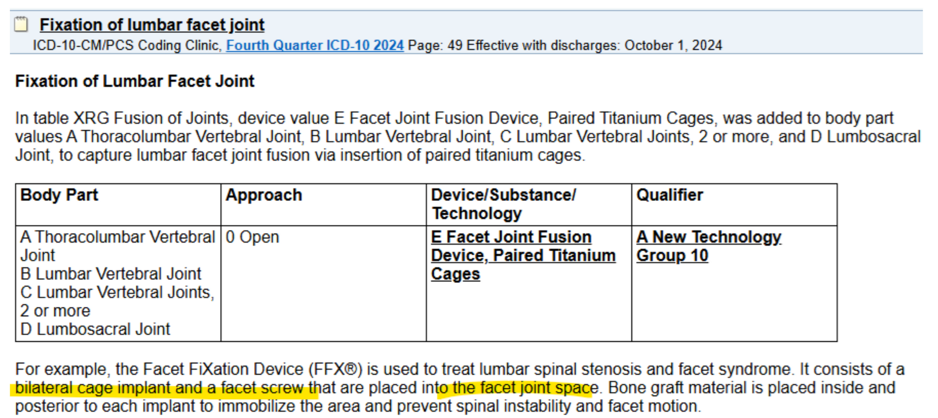 Table outlining ICD-10-PCS new technology coding for the FFX lumbar facet fixation system
