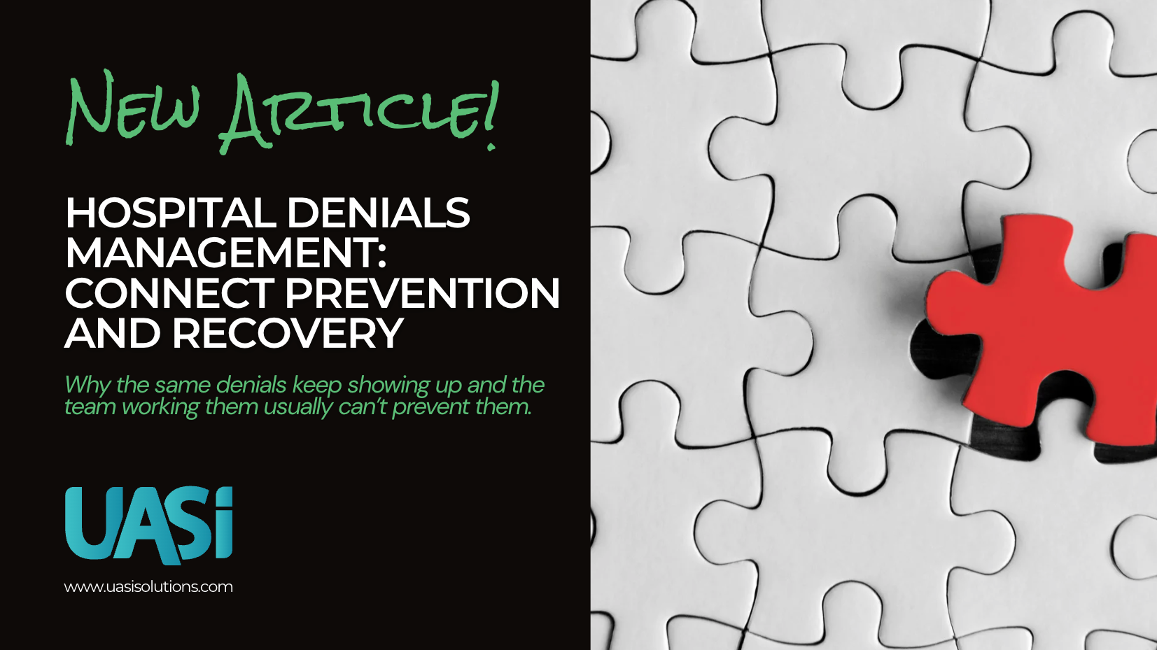 Cover graphic for a new article on hospital denials management, with puzzle pieces and a red piece highlighted