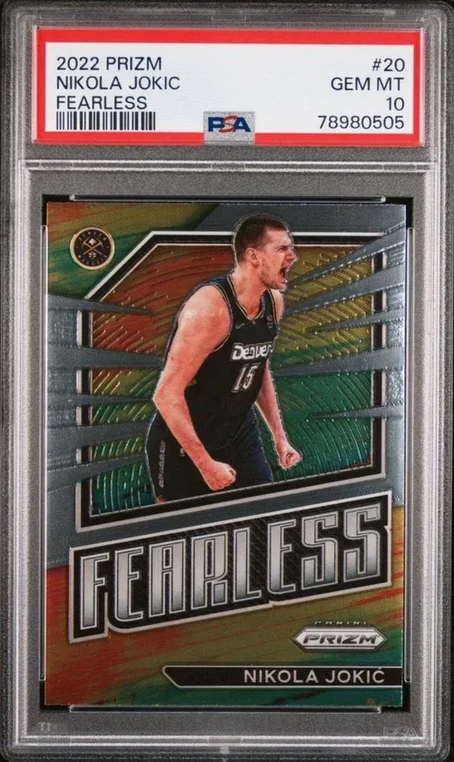 Graded Nikola Jokic basketball card. Features Jokic on a gray, green and gold background.