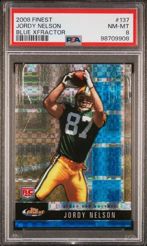 Jordy Nelson football card, 2008 Finest Blue Xfractor, graded 8 by PSA, action shot of him catching the ball.