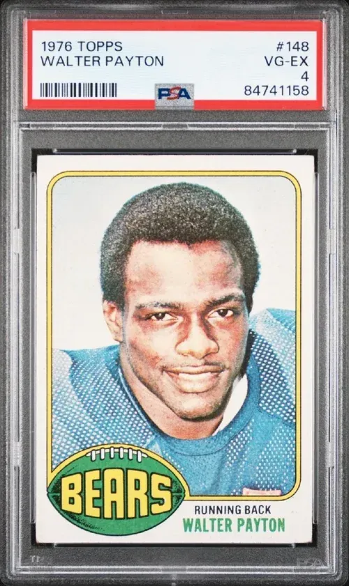 1976 Topps Walter Payton football card, graded VG-EX 4 by PSA. Shows Payton in Bears uniform.
