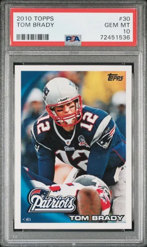 A Tom Brady football card graded 10, showing Brady in a Patriots uniform, against a blue background.