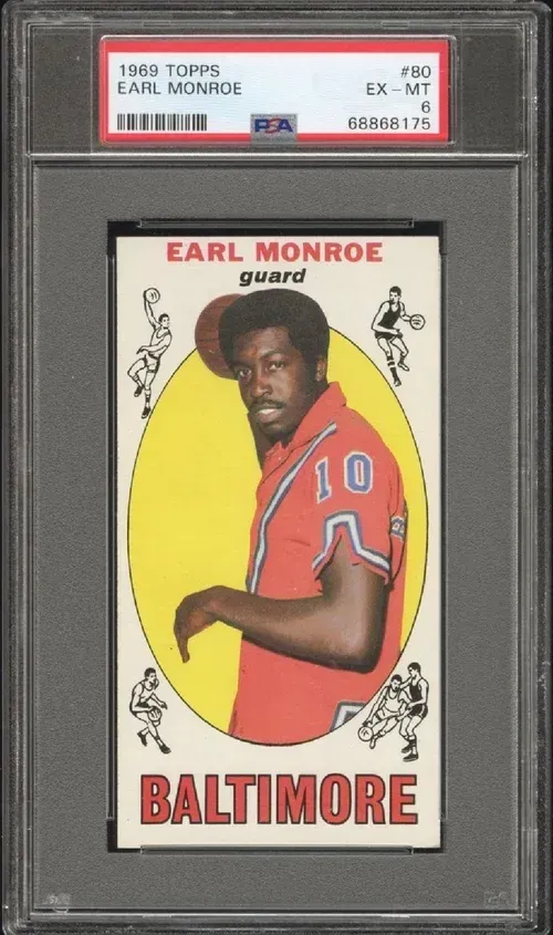 1968 Topps Earl Monroe basketball card, graded EX-MT 6. Red jersey, yellow background,