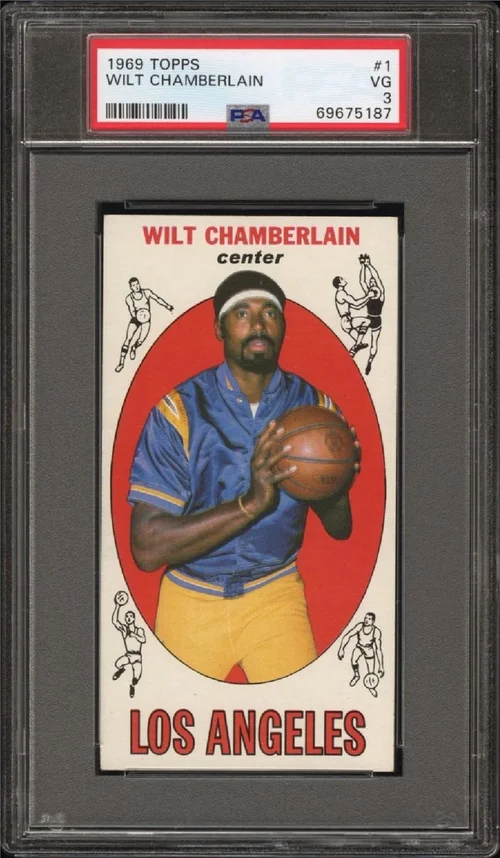 1969 Topps Wilt Chamberlain basketball card, graded, player in blue and gold Los Angeles jersey.