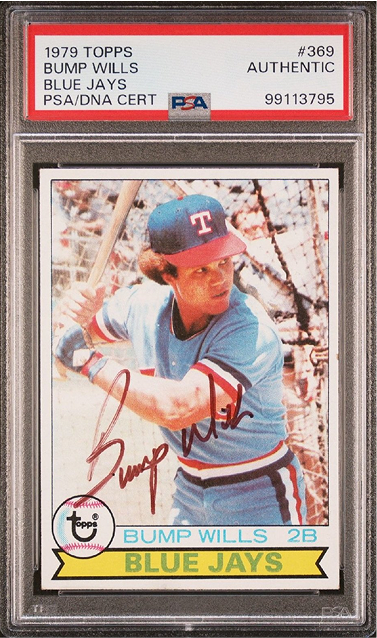 A baseball card of Bump Wills in a Blue Jays uniform, graded as authentic by PSA.