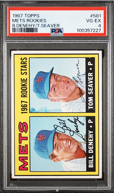 1967 Topps Mets rookie card featuring Bill Denehy and Tom Seaver, graded VG-EX 4 by PSA.