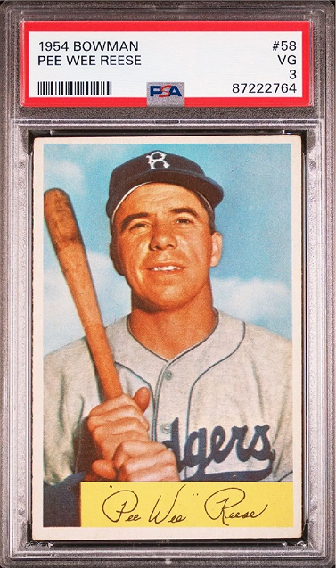 1954 Bowman Pee Wee Reese baseball card in PSA holder, graded 3, featuring a smiling man in a Dodgers uniform.